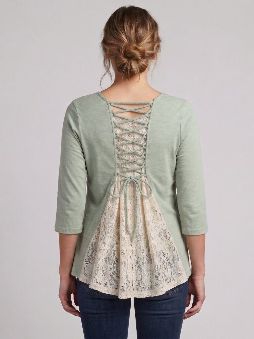 Umgee Sage Green Lace Corset Back Tunic Top 3/4 Sleeve XL Cottagecore Boho